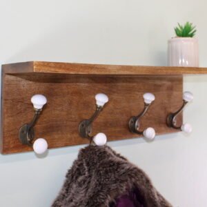 Set of 4 White Ceramic Double Coat Hooks On Wooden Base With Shelf