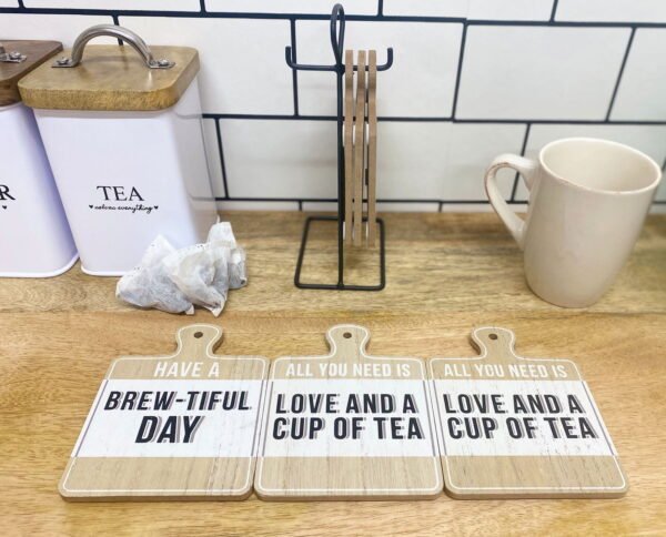 Set of Six Tea Slogan Coasters On Metal Stand - Image 4