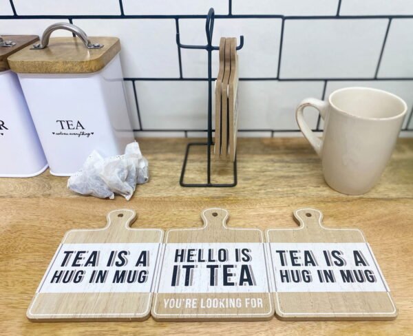 Set of Six Tea Slogan Coasters On Metal Stand - Image 5