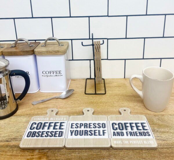 Set of Six Coffee Slogan Coasters On Metal Stand - Image 5