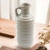Ceramic Grey Ribbed Vase With Handle 27cm