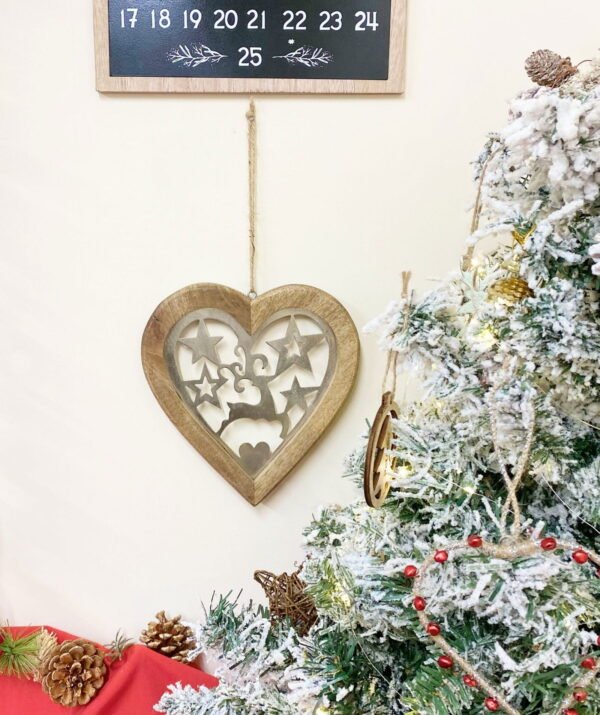 Large Wood Hanging Heart With Metal Reindeer & Stars - Image 2