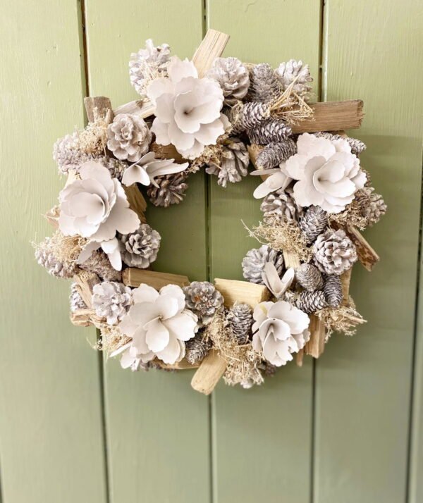 White Flowers & Pinecone Frosted Wreath - Image 3