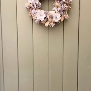 White Flowers & Pinecone Frosted Wreath